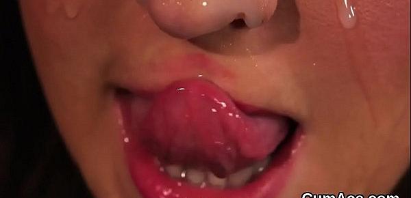  Nasty bombshell gets cumshot on her face swallowing all the love juice